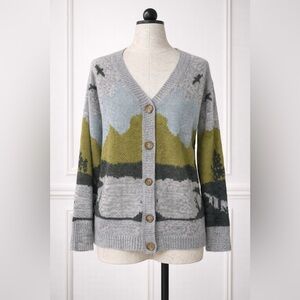 Woven Heart Grey, Olive & Sky-Blue Scenic Button Cardigan
